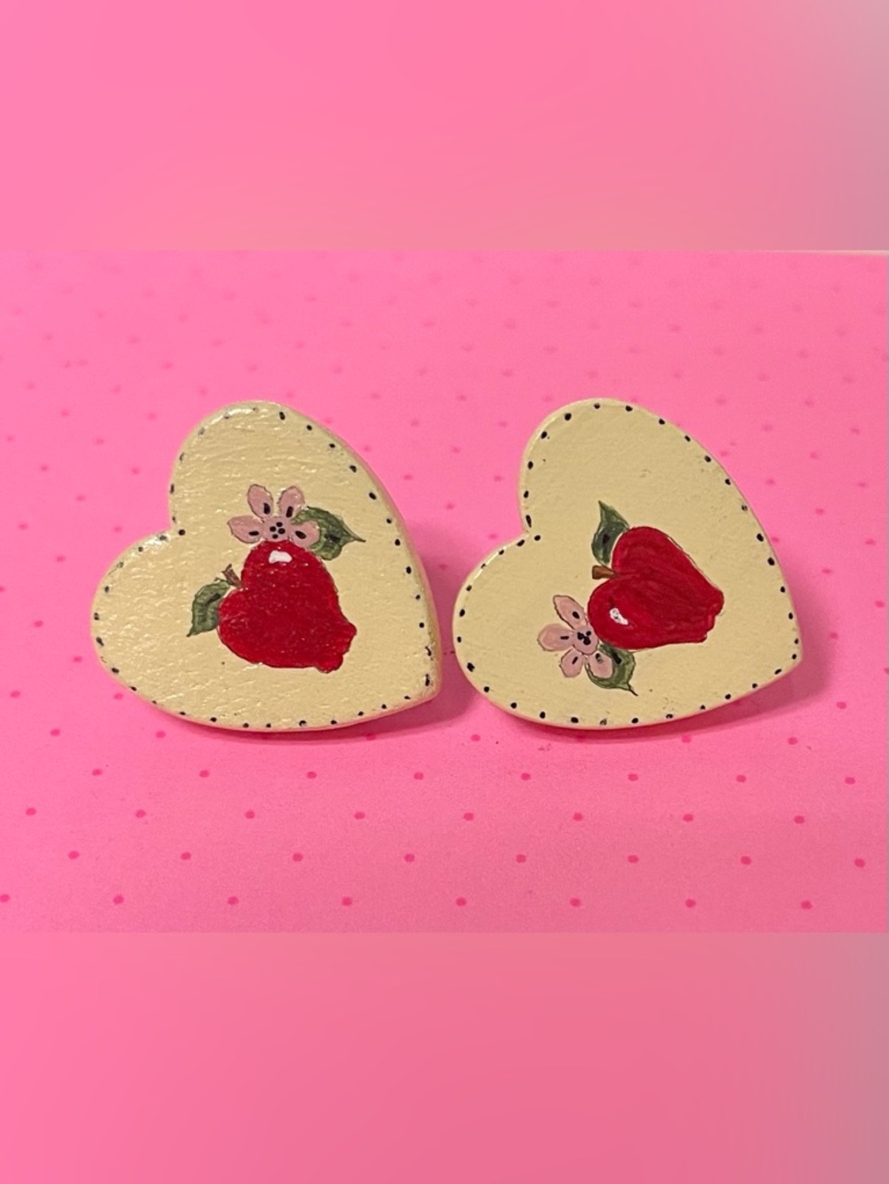 90s Vintage Hand-Painted Apple; Cream Heart Earrings- Gently used